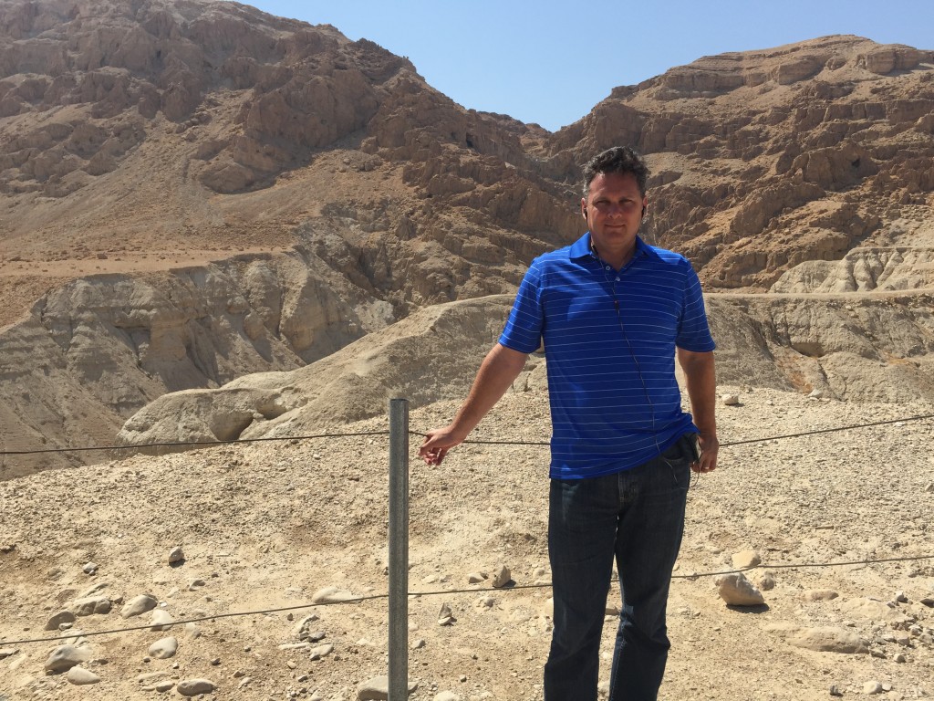 Israel 33 Caves to left of my head where Dead Sea Scrolls were found